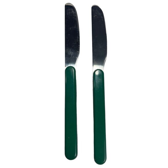 Vtg Picnic Time Stainless Knife Spoon Fork Napkin Flatware Green 8". Set for 2 - Picture 3 of 9